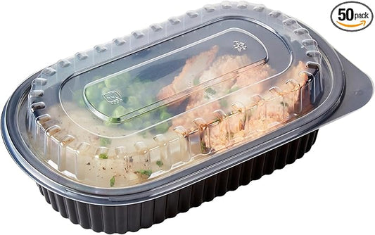 RW Base 32 Ounce Meal Prep Containers, 50 Microwavable To Go Containers With Lids - Disposable, Freezable, Black Plastic Oval Food Containers, Pack Hot And Cold Food, For Takeaway - Restaurantware