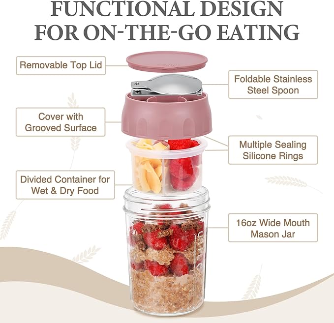 SOLIGT 2 Pack Overnight Oats Containers with Lids, Folding Spoons and Divided Compartments for Fruit & Nuts, Small Glass 16oz Mason Jars for Oatmeal Yogurt Parfait (2 Set-Oat White/Rose Pink)