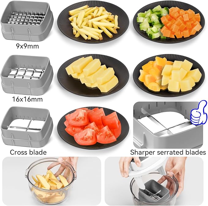 KEOUKE Vegetable Chopper Bowl Multi-functional 3 Interchangeable Blades Onion Chopper French Fry Cutter Veggie Dicer for Cucumber, Tomato, Zucchini, Carrot, Citrus