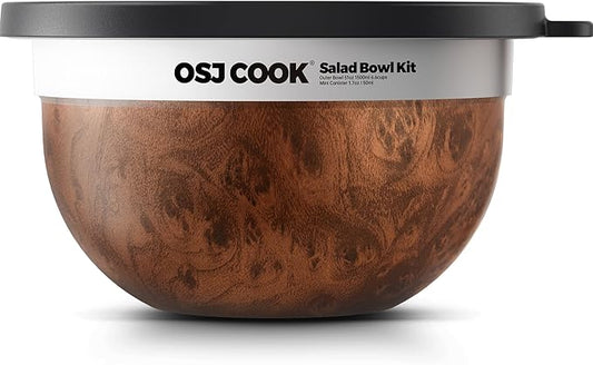 18/8 Stainless Steel Salad Bowl Kit - 51oz, Mixing Bowls with Lids Set, Teakwood - Comes with 1.7oz Condiment Container and Removable Tray for Organization - Leak-Proof, Easy to Clean, Dishwasher Safe