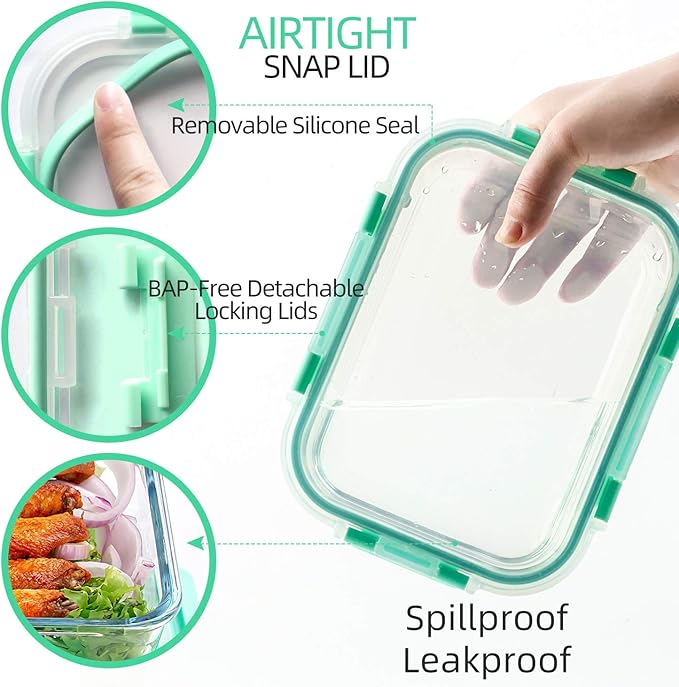 C CREST [10-Pack Glass Food Storage Containers (A Set of Five Colors), Meal Prep Containers with Lids for Kitchen, Home Use - Airtight Glass Lunch Boxes