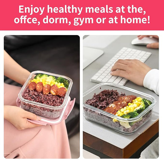 10PCS Glass Food Storage Containers Set with Lids Meal Prep Containers Reusable for Dishwasher Microwave Oven Freezer(10 lids,10 Containers-PINK)