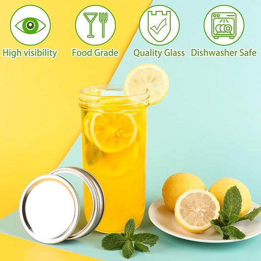 Wide Mouth Mason Jars 24 oz, 6 Pack 720ml Glass Canning Jars with Airtight Lids, Large Storage Jars with Labels Brush, Clear Mason Jars for Canning, Fermenting, Pickling, DIY Projects
