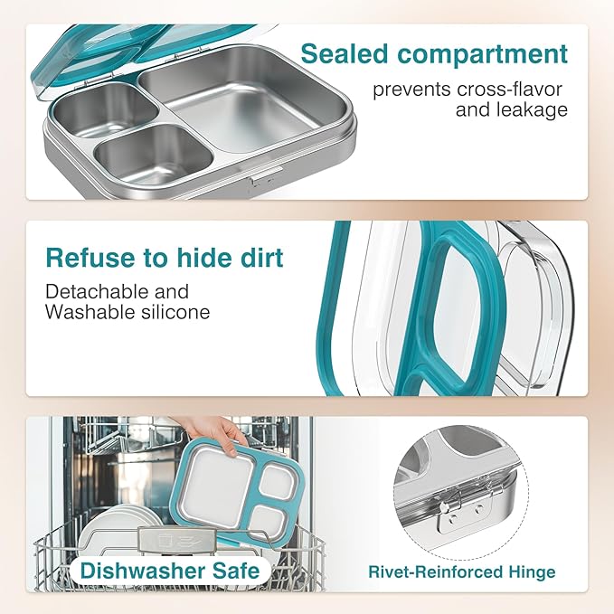 Stainless Steel Lunch Box, 3 Compartments Metal Bento Box for Kids Adults, Leak-Proof Lunch Box for School Office, Dishwasher Safe, BPA-Free, Tritan Lid, Blue