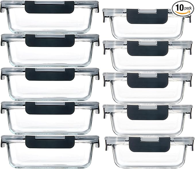 YANGNAY 10 Pack Glass Food Storage Containers, Glass Meal Prep Containers with Airtight Lids, Dishwasher/Freezer Safe Glass Containers, 2 size