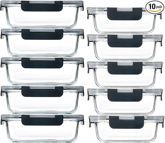 YANGNAY 10 Pack Glass Food Storage Containers, Glass Meal Prep Containers with Airtight Lids, Dishwasher/Freezer Safe Glass Containers, 2 size