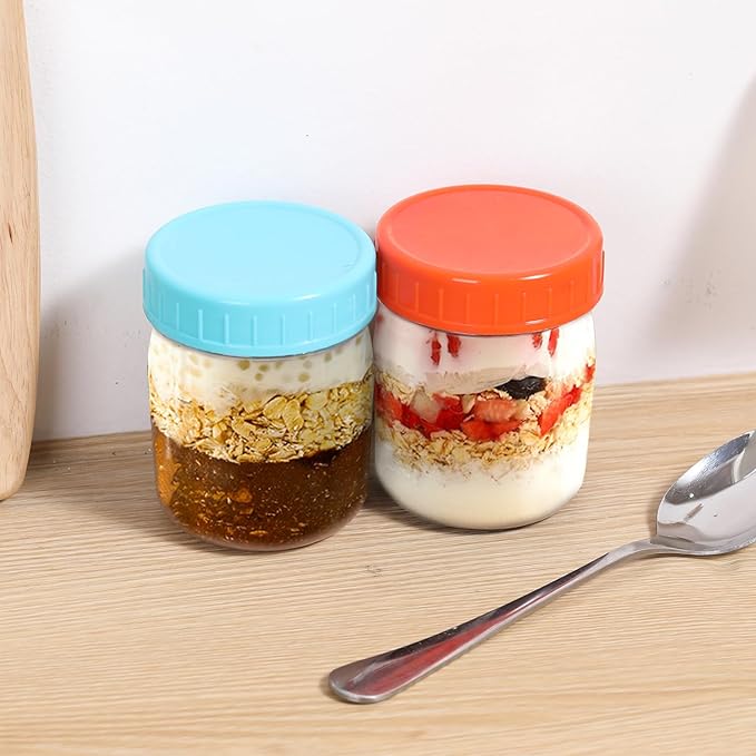 novelinks 8oz Plastic Jars With Lids Colorful Lid Mason Jars 16 Pack 8 oz Plastic Containers With Lids For Diy Food Milkshake Salads Snake Jams Spices (16)