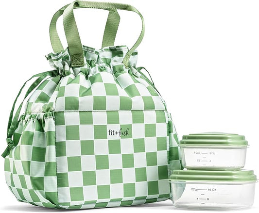 Fit & Fresh Lunch Bag For Women, Insulated Womens Lunch Bag For Work, Stain-Resistant Large Lunch Box For Women With Containers, Cinch Closure Cromwell Pistachio Checker Board