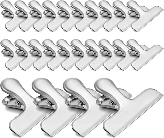 24 Pack Bag Chip Clips, 3 Inches Wide Heavy Duty Food Clip for Bags, Stainless Steel Grip Clips for Chips and Other Food Bags, Snack Clamp for Kitchen, Office to Seal Coffee Bags, Paper Sheets, Silver
