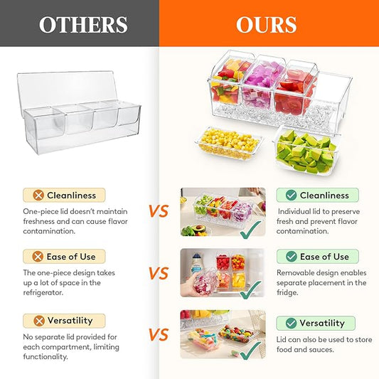 Lifewit Ice Chilled Condiment Caddy with 4 Containers(2.5 cup), Condiment Server with Separate Lids, Serving Tray Platter with Removable Dishes for Bar Accessories, Fruit, Salad, Taco, Party Garnish