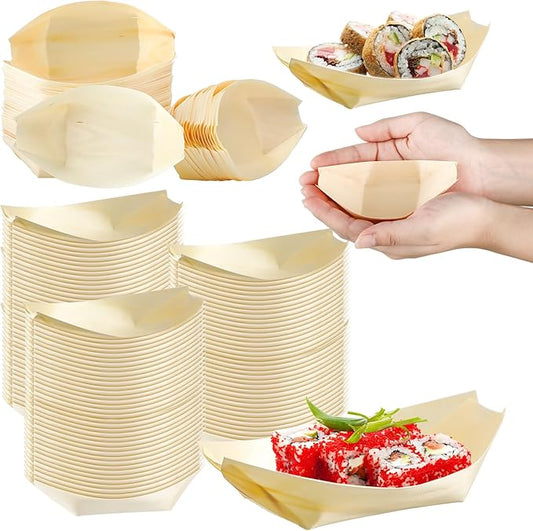 Hoolerry 300 Pcs Disposable Wood Boat Plates Dishes 4 Inches Bamboo Plates Sushi Boat Disposable Bamboo Leaf Dish Serving Tray Food Container Wood Bowl For Catering Home