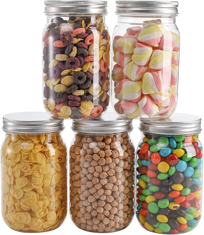 Tebery 12 Pack Clear Plastic Mason Jars with One Piece Lids, 16OZ Mason Cocktail Cup Shatterproof Drinking Jar, Refillable Empty Slime Storage Containers for Overnight Oats, Honey, Spices and Herbs