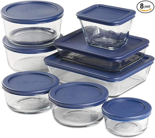 Anchor Hocking 16 Piece Glass Storage Containers with Lids (8 Glass Food Storage Containers & 8 Navy Blue SnugFit Lids)
