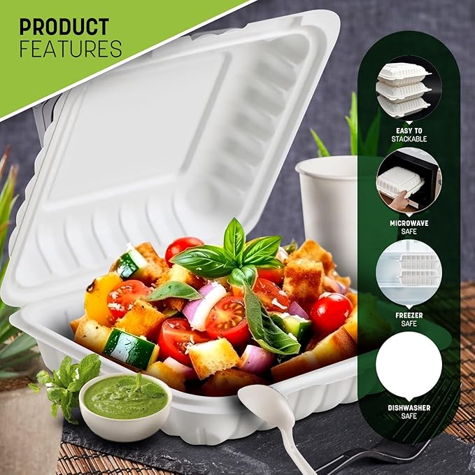 6X6X3 50 Pcs Plastic Clamshell Takeout Food Trays Heavy Duty Disposable Box For Pasta Salad Sandwich Meal Prep Packaging Catering Hinged Containers With Secure Snap Lid
