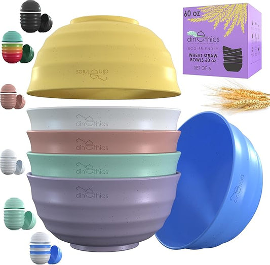 60-OZ 6 Large Bowl Set - Large Salad Bowls Large Serving Bowls For Kitchen - Dishwasher & Microwave Safe Bowls - Wheat Straw Bowls - Large Cereal Bowls - PHO Bowl for Rice, Ramen, Soup Snack