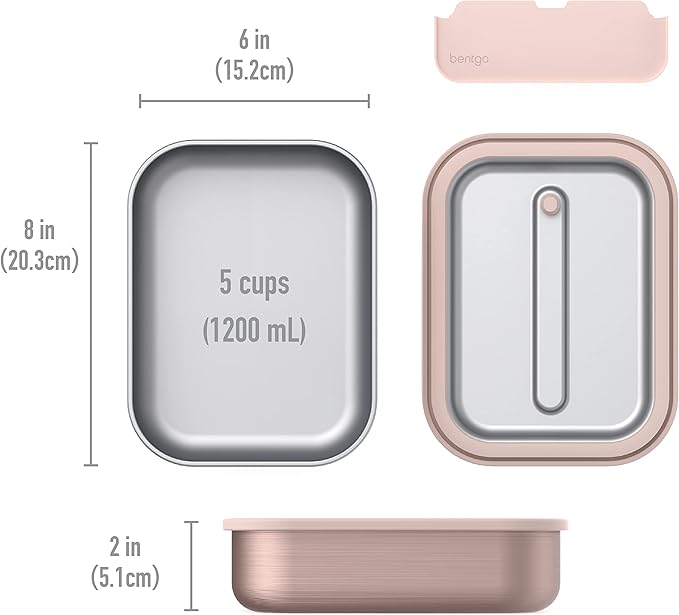 Bentgo MicroSteel Leak-Proof Lunch Box - Microwave-Safe, Oven-Safe, Bento-Style Container with Removable Divider, Airtight Lid, Sustainable Design, Odor & Stain Resistant (Rose Gold)