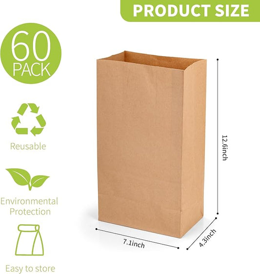 12 Lb Brown Kraft Paper Bags 60 Pcs Bulk, 7.1" x 4.3" x 12.6" light duty Paper Grocery Bags paper Lunch Bag Sandwich Bag for Small Lunches, Household, Bakery, Shopping and Restaurant, Takeout