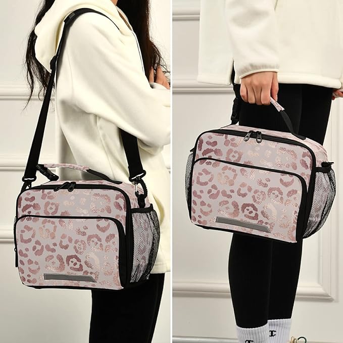 MNSRUU Student Lunch Bag Elegant Rose Gold Leopard Insulated Lunch Totes Picnic Bag Lunch Box with Adjustable Shoulder Strap for Teen Kids Adults