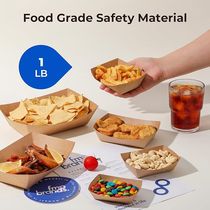 Fit Meal Prep [250 Pack 1 lb Paper Food Boats Heavy Duty Disposable Food Trays, Kraft Brown Nacho Tray for Parties Fairs Picnics Carnivals, Holds Sause Candies Nut Grease Resistant