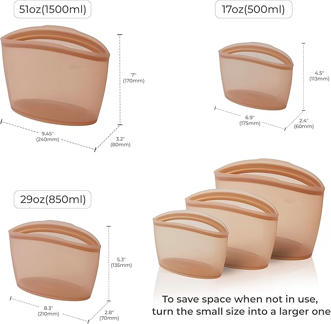 Platinum Silicone Food Grade Reusable Storage Bag, 3set Leak-Proof Airtight Seal, BPA-Free, Microwave, Freezer & Dishwasher Safe, Heat Resistant Sous Vide,Silicone Snack Bags, Taupe Brown