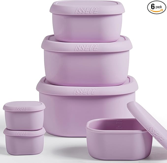 ISSEVE 6Pcs/Set Nesting Silicone Food Storage Containers with Lids, BPA Free Reusable Meal Prep Silicone Containers Lunch Box Bento Box Set (33.8oz, 20oz, 10oz, 6.7oz, 1.3oz) (Purple)