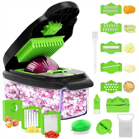 Vegetable Chopper with Large Container, 16-in-1 Multifunctional Food Chopper with 7 Blades, Mandoline Slicer Dicer Cutter for Kitchen, Grater Veggie (Green/Black)