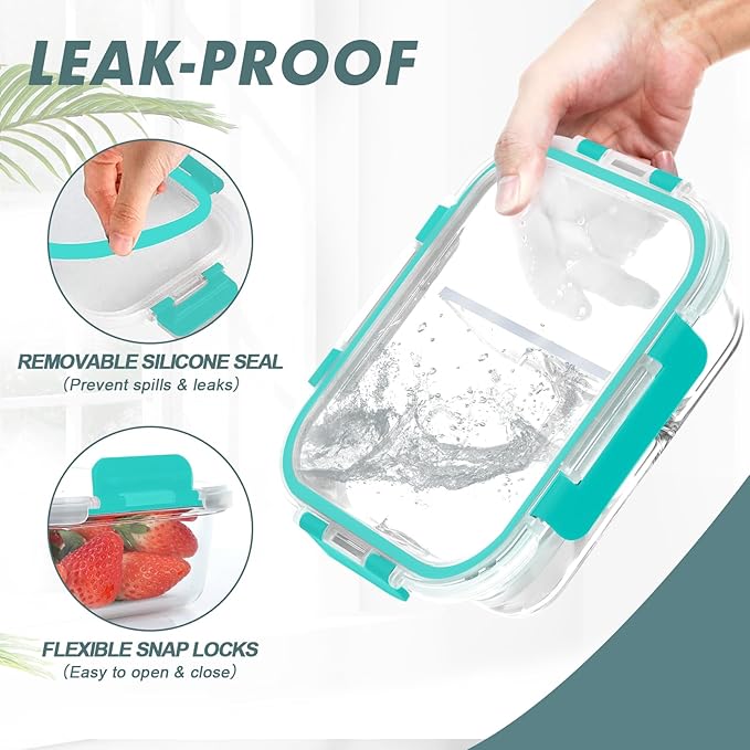 30 oz 5 Pack Glass Meal Prep Containers 2 Compartments, Glass Food Storage Containers with Lids, Airtight Glass Lunch Box, Microwave, Oven and Freezer Safe, Green