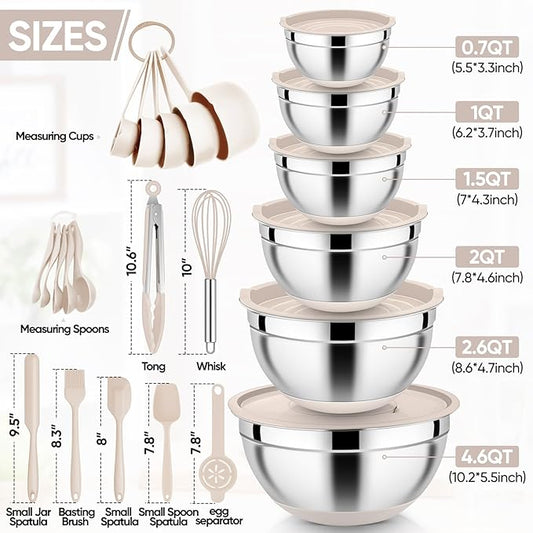 E-far 25PCS Mixing Bowls with Lid Set, Stainless Steel Nesting Prep Bowls with Grater Attachments Kitchen Gadgets Non-Slip Bottoms for Cooking, Serving, Food Storage, 4.6/2.6/2/1.5/1/0.7QT - Khaki