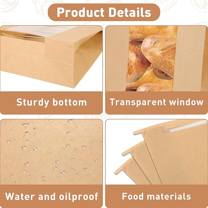 120 Pack Bread Bags for Homemade Bread Sourdough Bread Bags with Tin Tie Tab Lock, Kraft Paper Bread Loaf Bag with Window and Label Seal Stickers for Baked Food Packaging Storage (13.7''x8.2''x3.5'')