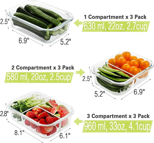 HOMBERKING 9 Pack Glass Meal Prep Containers 3 & 2 & 1 Compartment, Glass Food Storage Containers with Lids, Airtight Glass Lunch Bento Boxes, BPA-Free & Leak Proof (9 lids & 9 Containers) - Grey