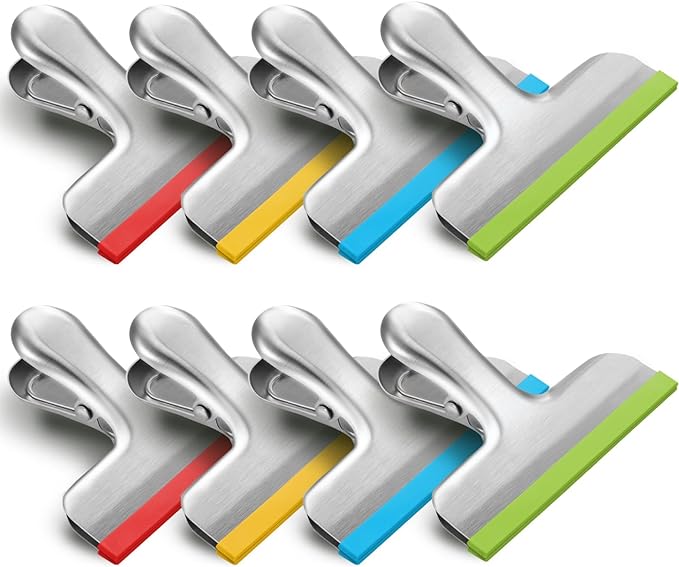 HOUSE AGAIN 8 Pack Stainless Steel Chip Bag Clips Covered with Silicone - NO More Sharp Edges - Color Coded for Food Bags - Air Tight Seal, Heavy Duty for Kitchen and Office, 3 Inches