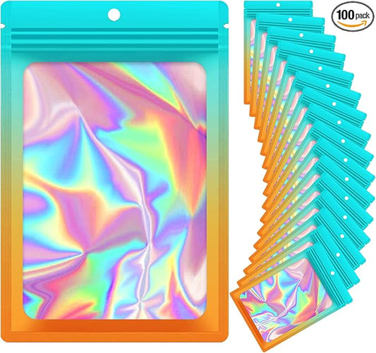 100 Pieces Resealable Mylar Bags, Smell Proof Bags with Clear Window for Food Storage Party Favor Packaging Small Business (Green&Orange, 2.4×4)