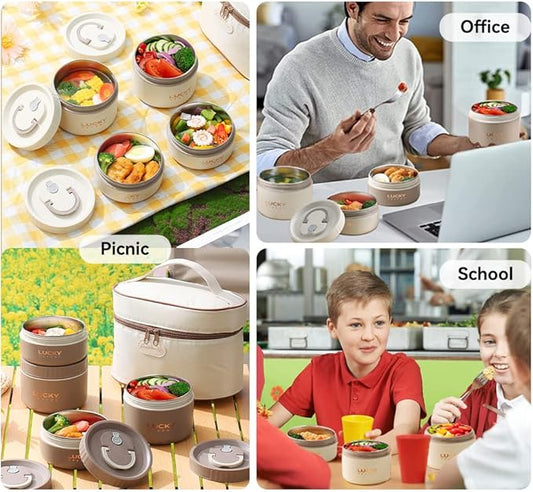 VANDHOME Thermal Bento Lunch Box Set, Portable Insulated Lunch Container For Adults Kids School Work, Stainless Steel Keep Warm Food Container With Bag, Induction Cooker & Microwave Safe (Khaki 34oz)