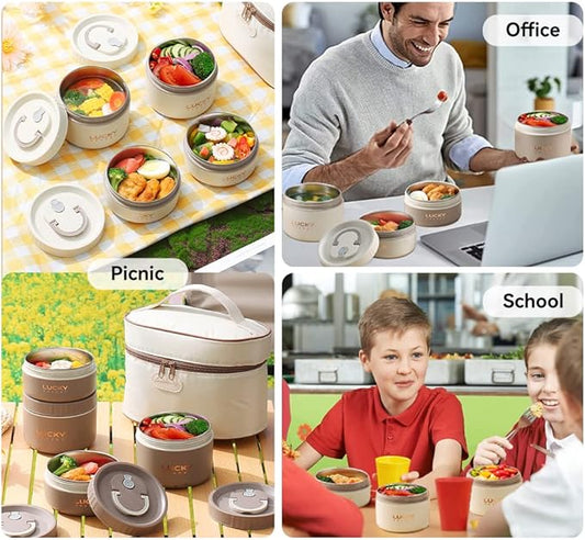 YBOBK HOME Thermal Bento Box Aldult Lunch Box, Portable Insulated Lunch Container For Work Picnic, Keep Warm Stainless Steel Food Container With Bag, Induction Cooker & Microwave Safe (Khaki 68oz)