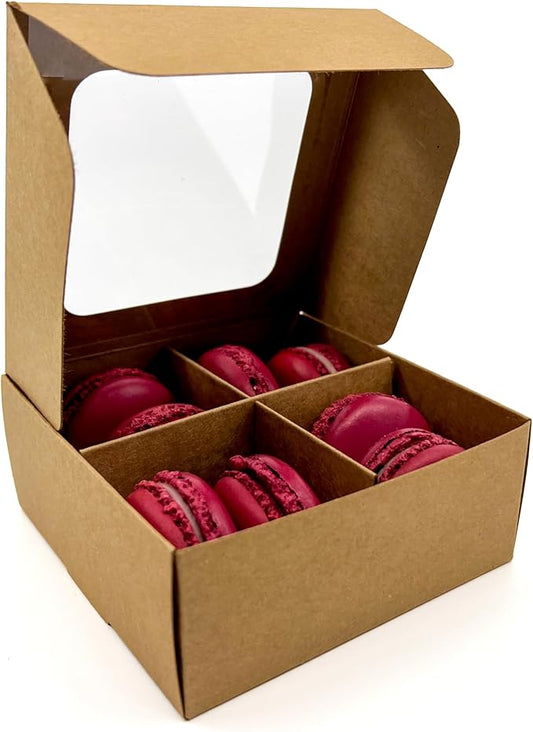 Treat boxes with window and dividers | 4 SMALL compartments | 4.5 x 4.5 x 1.9 in | Chocolate covered strawberries supplies, macaron boxes, baked goods packaging | 20-pack (Kraft)