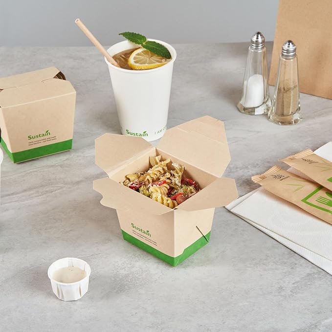 Restaurantware Sustain 16 Ounce Sturdy Paper Take Out Boxes, 200 Disposable Take Out Food Containers - With PLA lining, Compostable, Bamboo Paper Containers, Built-In Tab-Lock Cover, Greaseproof