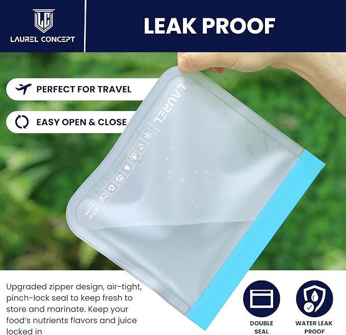 LAUREL Reusable Freezer Silicone Food Storage Bags -10 Pack+2 Gift, PEVA Silicone Bags for Food Storage, Reusable Plastic Free Ziplock Bags (3 Gallon Freezer Bags + 4 Sandwich Bags + 3 Snack Bags)