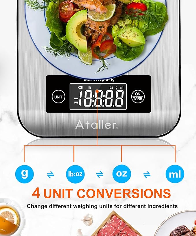 Ataller Smart Food Nutrition Scale, Digital Kitchen Scales with Smart App for Meal Planning, Tracking Calorie Value and Food Nutritional Counting, Resolution 1g, Max 5kg 11Ib, 304 Stainless Steel