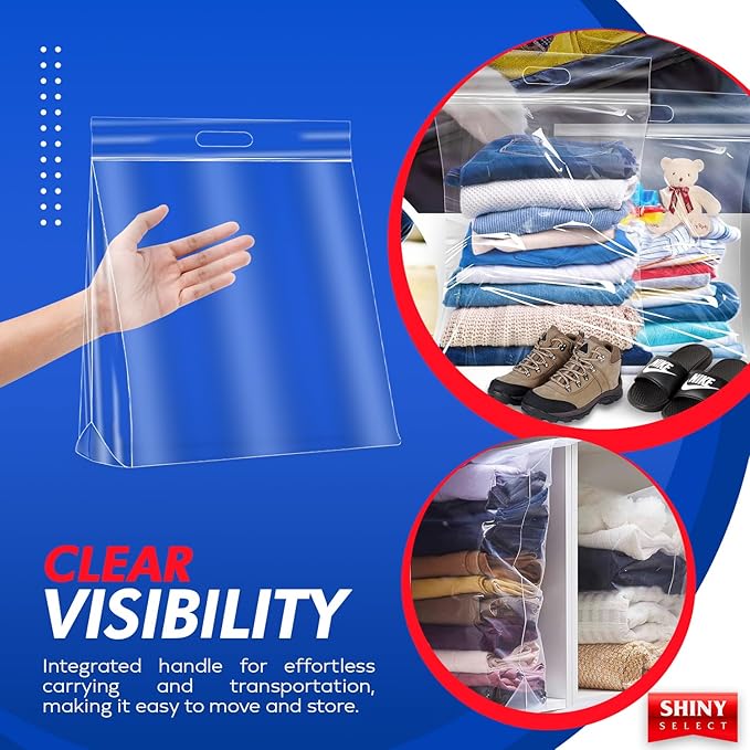 10 Gallon Jumbo Storage Bag w/Handle & Resealable Zipper Top 24x24, 3 Bags – Clear Big Plastic, Extra Large XL, 4 Mil Thick Heavy Duty for Linens, Baby Items, Documents, Sports Equipment