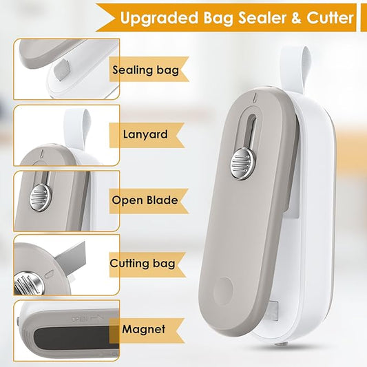 FEPPO Mini Bag Sealer, Bag Sealer with Cutter 2 in 1 Heat Sealer, Portable Chip Sealer Handheld Food Sealer Mini Sealing Machine For Plastic Bags Chip Bags Food Storage (Battery Included)