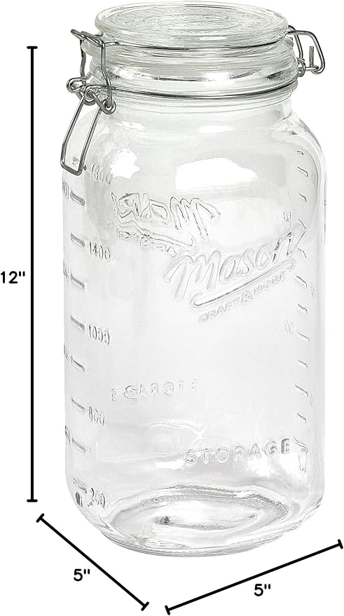 Mason Craft & More Airtight Kitchen Food Storage Clear Glass Clamp Jars, 101 Ounce (3 Liter) Extra Large Clamp Jar