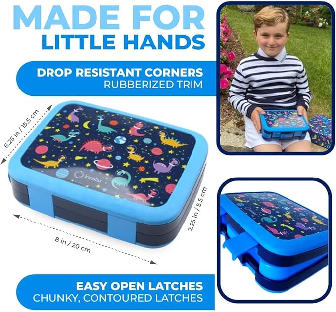 Bento Lunch Box for Kids with Stainless Steel Thermal Food Jar for Hot Food Soup, Insulated Lunch Bag and Ice Pack Set, Lunch Container Boxes with 4 Compartments, Blue Rocket Dinosaur