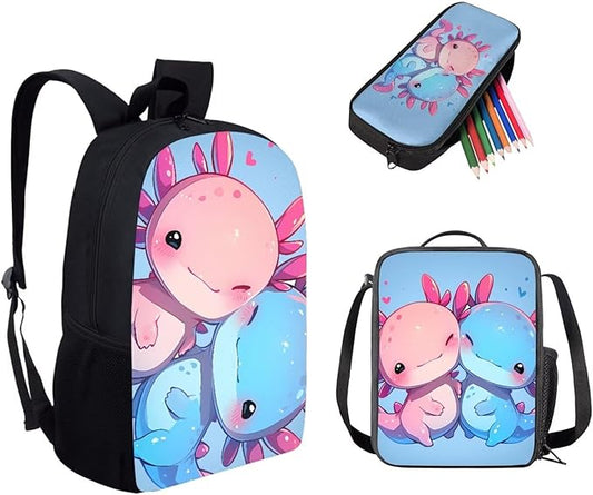Dolyues Couple Axolotl 3-Piece Backpack Set for School - Includes Travel Backpack, Lunch Box & Pencil Case - Perfect for Middle School, Preschool & Kindergarten