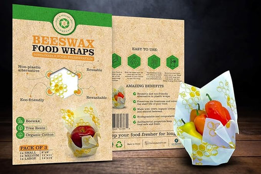 PURE & SUSTAINABLE COMPANY Beeswax Food Wraps – 3-Pack Reusable Organic Cotton Food Covers – Plastic-Free, Washable & Eco-Friendly – Natural Beeswax Wraps (S, M, L) – Honeycomb Pattern