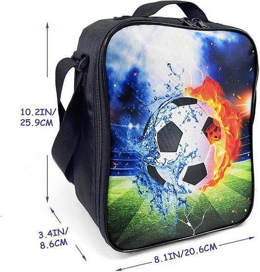 Insulated Lunch Bag for Girls&Boys, Kids Lunch Box, Soccer Lunch Bag with Shoulder Strap, School Bento Lunch Box for Kids Toddlers Teens, Black White Football Reusable Cooler Thermal Meal Tote Kit