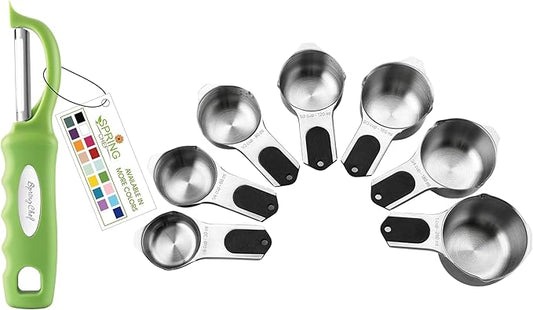 Spring Chef Premium Swivel Vegetable Peeler, Green & Stainless Steel Magnetic Measuring Cups, Set of 7, Black - 2 Product Bundle