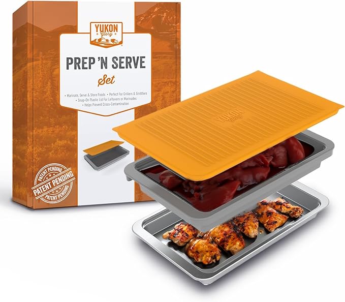 PREP ‘N Serve Premium Set™ - Plastic Container with Lid for Marinades, Stainless Steel Serving Tray, Aluminum Defrosting Tray, and a Plastic Cutting Board - The Ultimate BBQ Food Prep Utensil Set