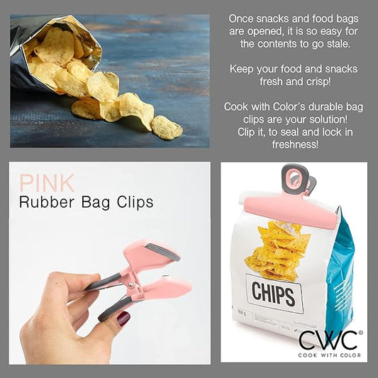 COOK WITH COLOR Bag Clips, Heavy Duty Chip Clip and Refrigerator Magnet Clips for Food Storage with Air Tight Seal Grip for Snack Bags and Food Bags (Pink, Pack of 8)