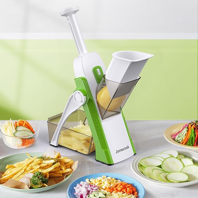 Safe Mandoline Slicer for Kitchen, Adjustable Thickness 0.1-8 mm, 5 in 1 Multi Vegetable Chopper, Potato Slice, Food Chopper French Fry Cutte, with Paring Knife/Cleaning Brush, Mandolin (AvocadoGreen)