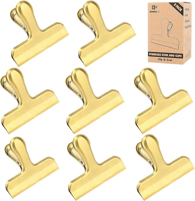 Pack of 8 Heavy Duty Metal Bag Clips, Stainless Steel, Tightly Seals Chip, Coffee, Bread or Cereal Bags to Keep Food Fresh, for Home, Kitchen, Office, Pantry, Camping (Gold)
